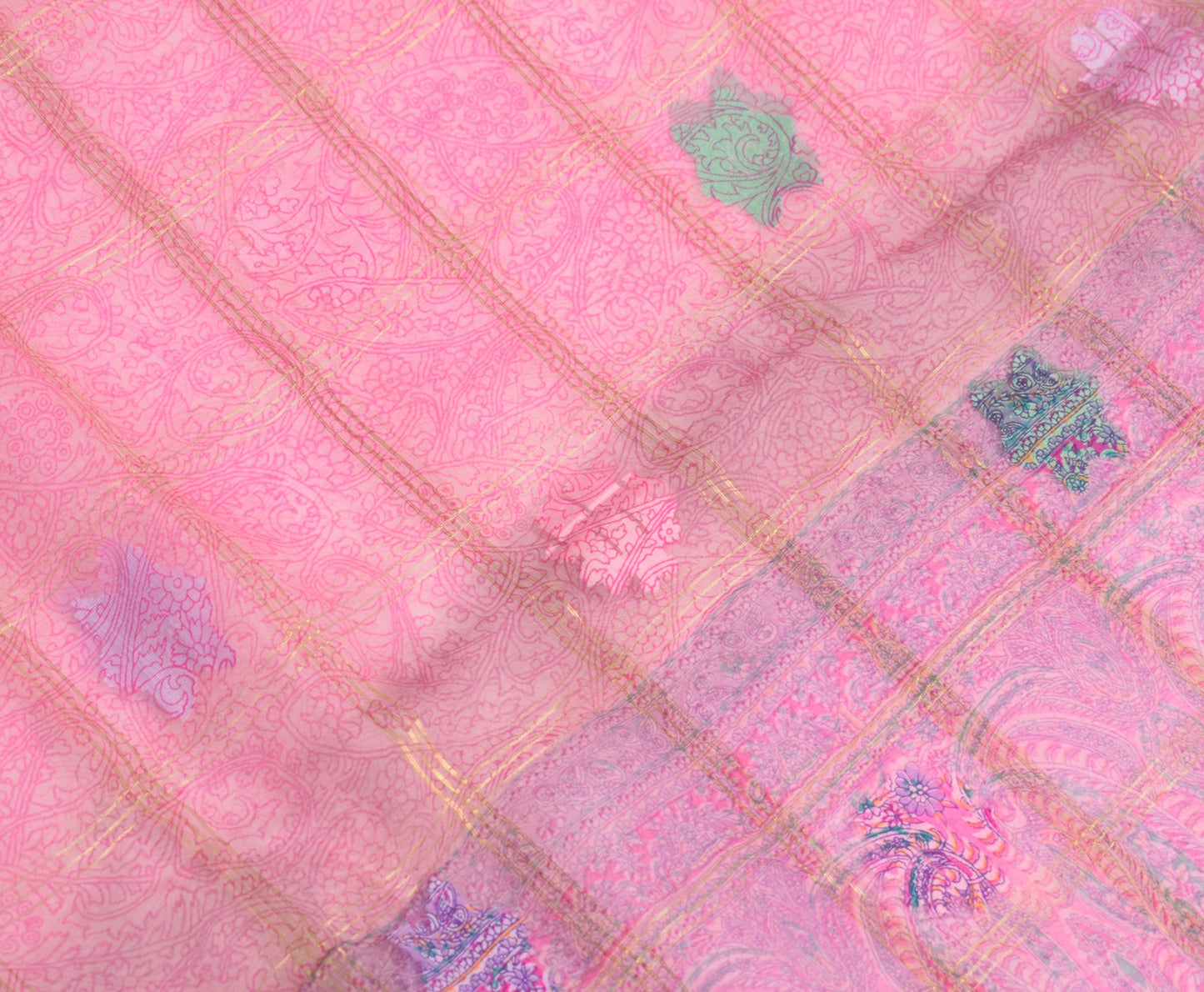 Sushila Vintage Pink Scrap Saree 100% Pure Silk Printed & Tant Woven Sari Fabric