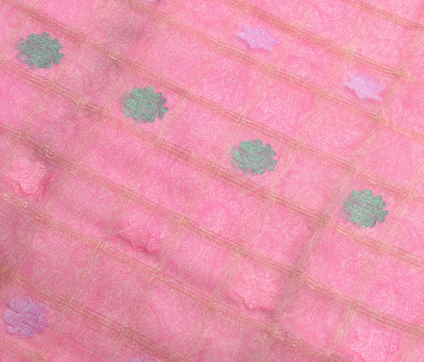Sushila Vintage Pink Scrap Saree 100% Pure Silk Printed & Tant Woven Sari Fabric