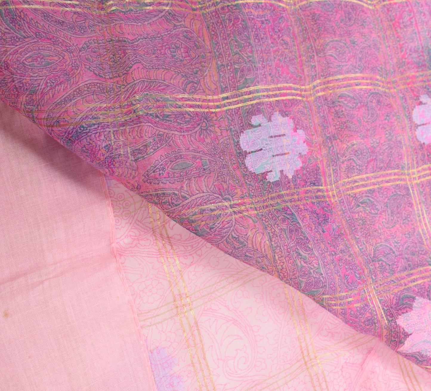 Sushila Vintage Pink Scrap Saree 100% Pure Silk Printed & Tant Woven Sari Fabric