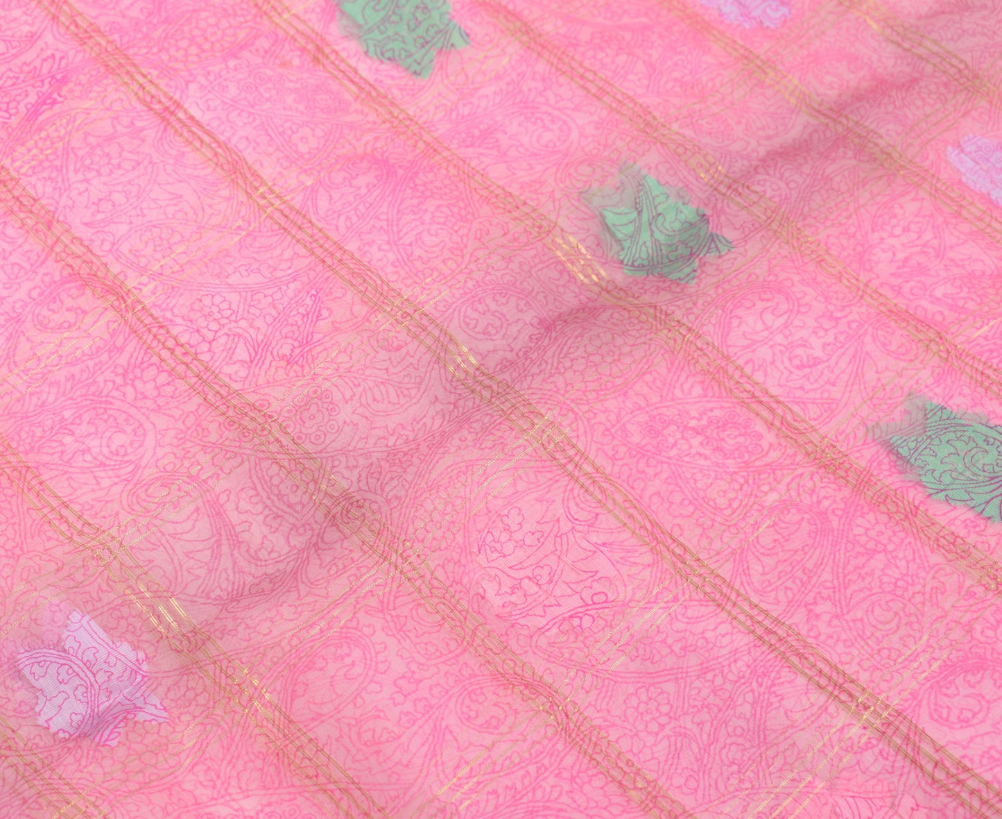 Sushila Vintage Pink Scrap Saree 100% Pure Silk Printed & Tant Woven Sari Fabric