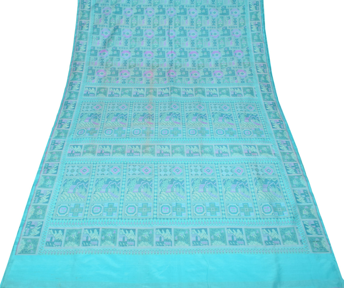 Sushila Vintage Pure Silk Scrap Saree Aqua Blue Woven Sari with Blouse Fabric