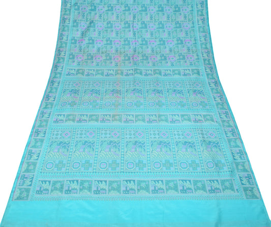 Sushila Vintage Pure Silk Scrap Saree Aqua Blue Woven Sari with Blouse Fabric