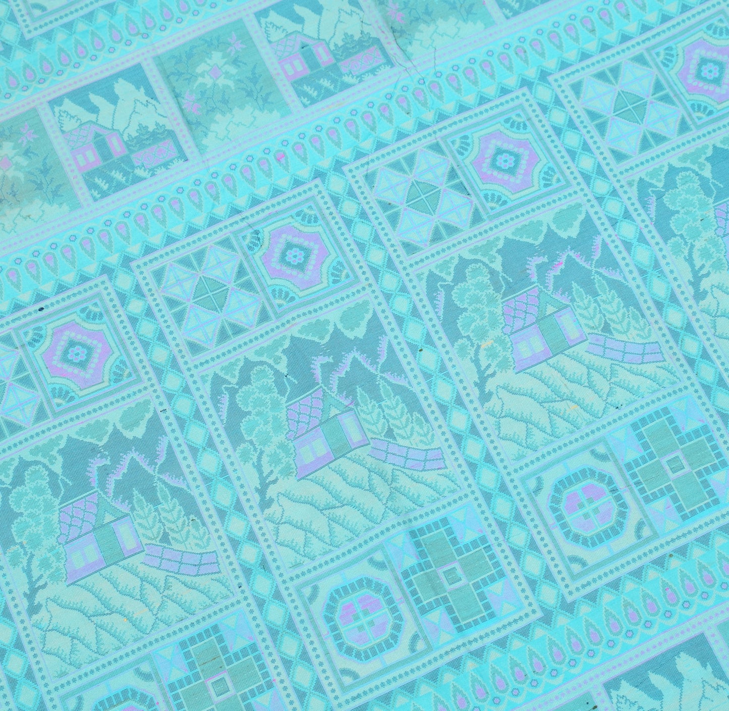 Sushila Vintage Pure Silk Scrap Saree Aqua Blue Woven Sari with Blouse Fabric