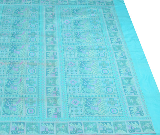 Sushila Vintage Pure Silk Scrap Saree Aqua Blue Woven Sari with Blouse Fabric