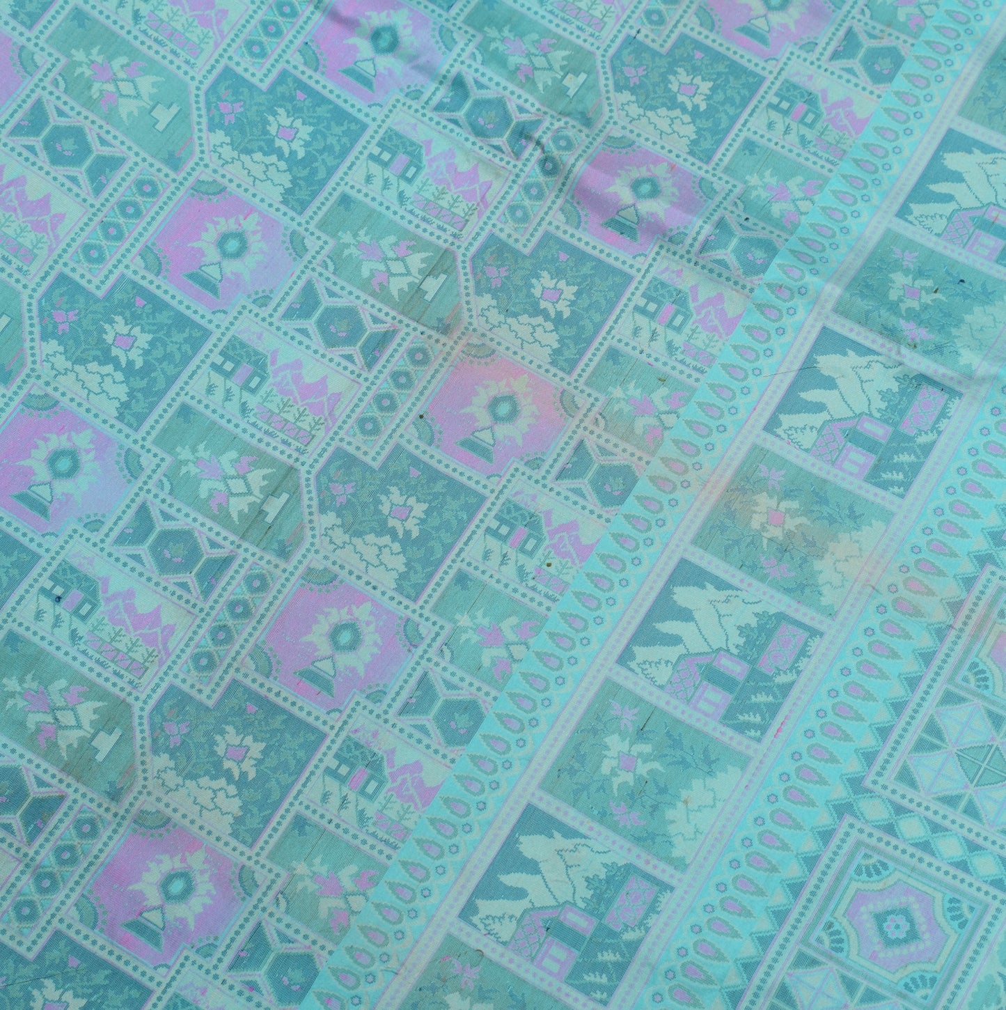 Sushila Vintage Pure Silk Scrap Saree Aqua Blue Woven Sari with Blouse Fabric