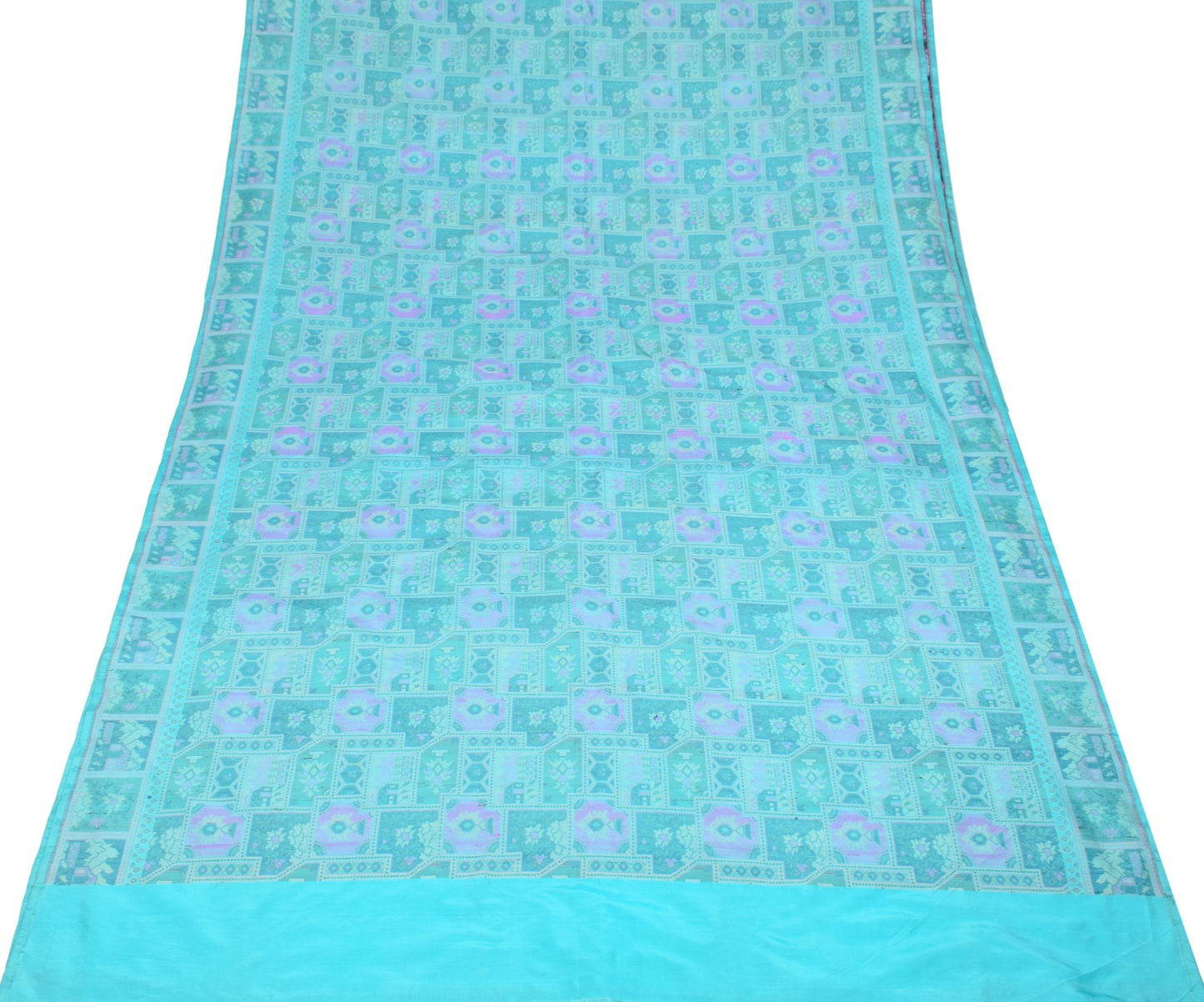 Sushila Vintage Pure Silk Scrap Saree Aqua Blue Woven Sari with Blouse Fabric