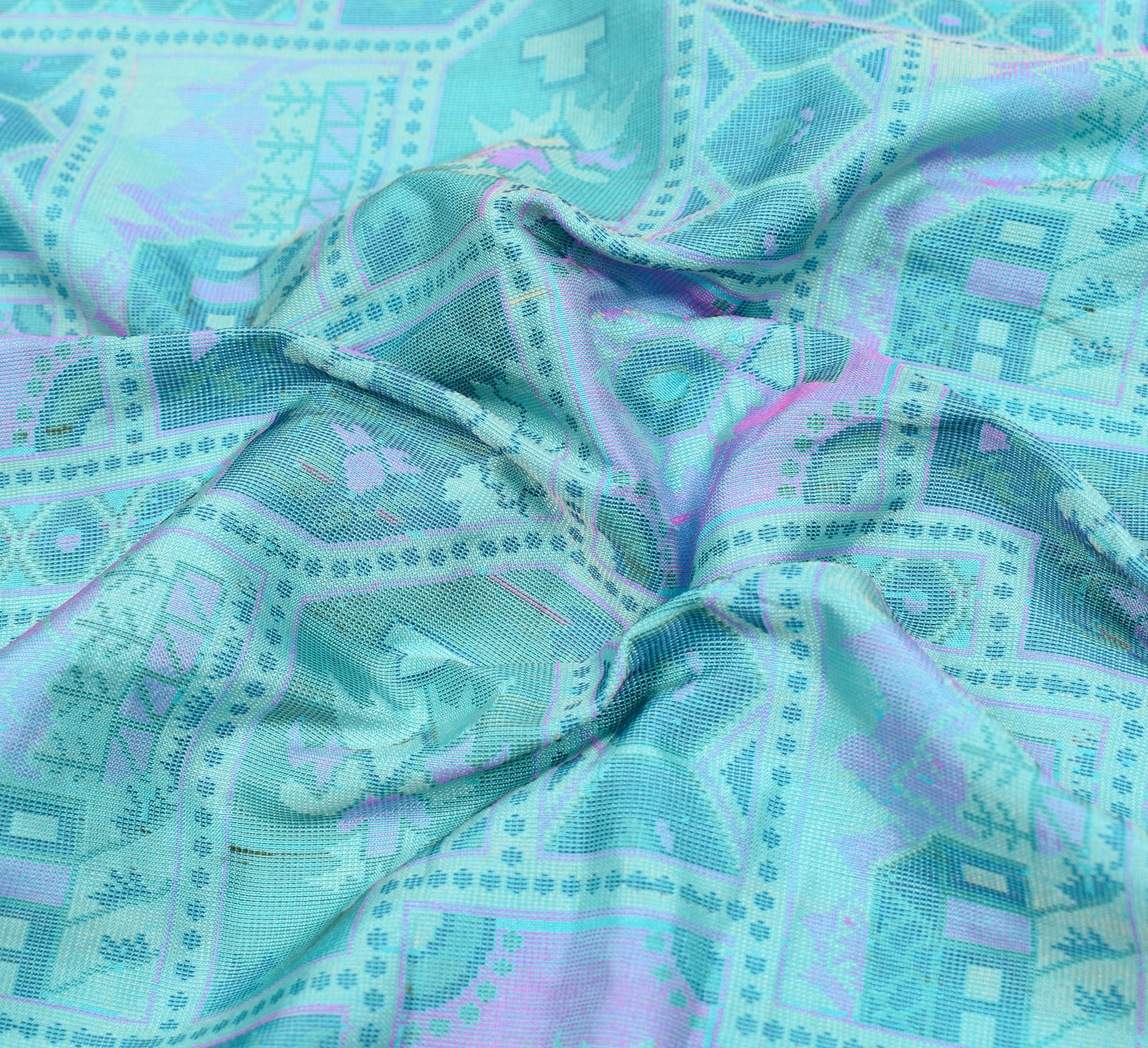 Sushila Vintage Pure Silk Scrap Saree Aqua Blue Woven Sari with Blouse Fabric