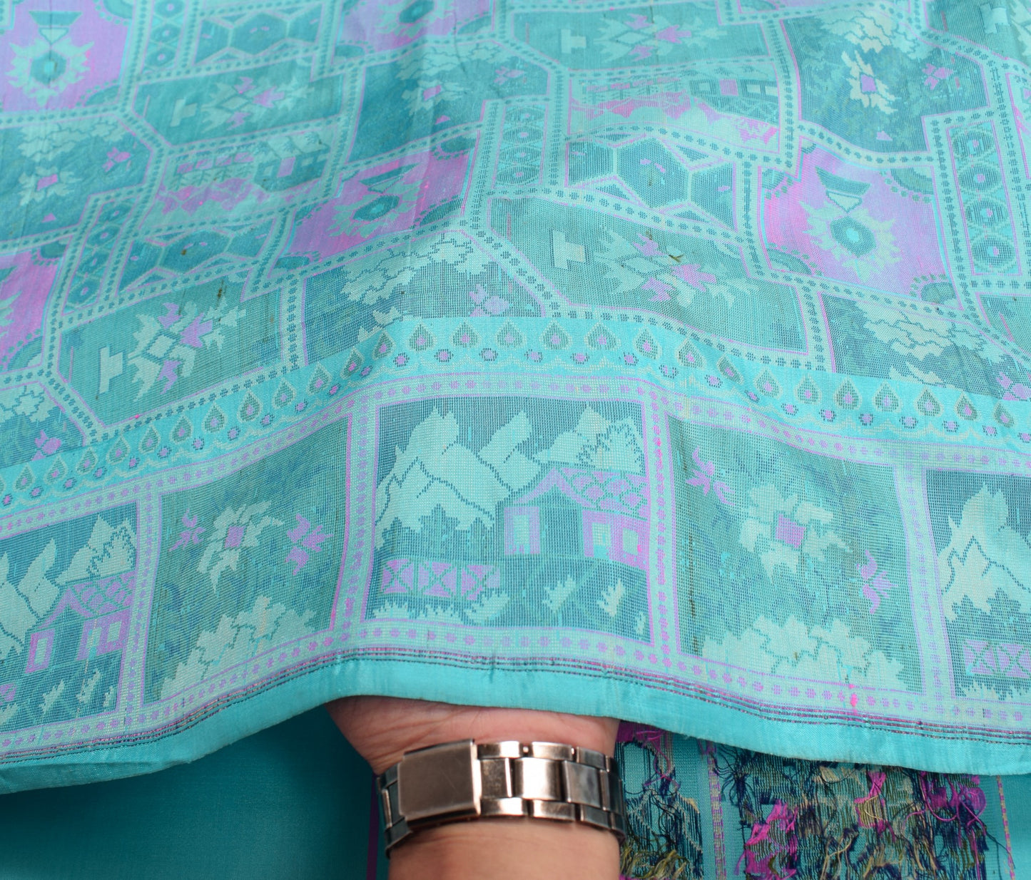 Sushila Vintage Pure Silk Scrap Saree Aqua Blue Woven Sari with Blouse Fabric