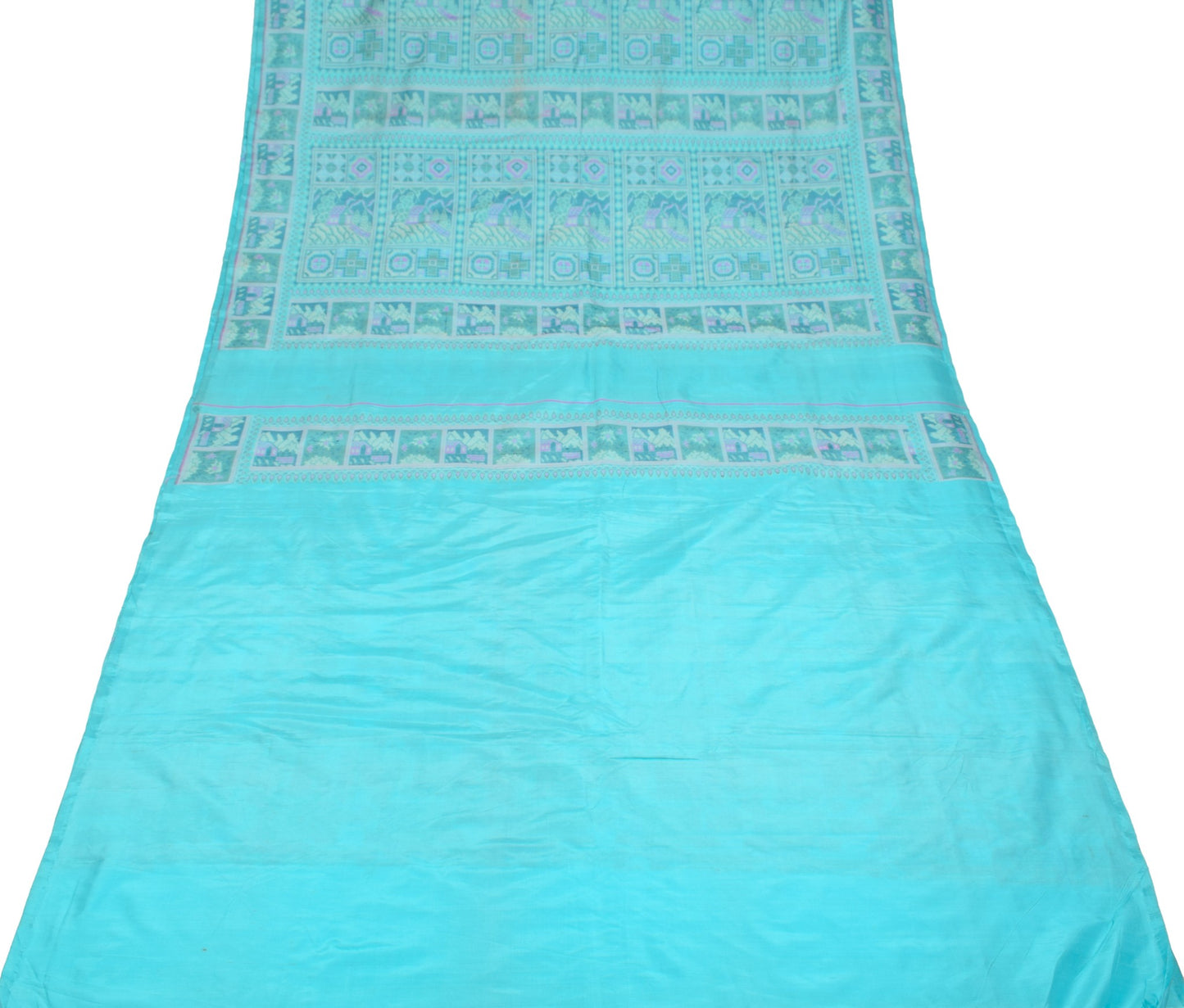 Sushila Vintage Pure Silk Scrap Saree Aqua Blue Woven Sari with Blouse Fabric