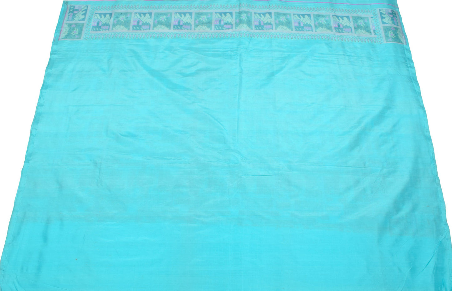 Sushila Vintage Pure Silk Scrap Saree Aqua Blue Woven Sari with Blouse Fabric