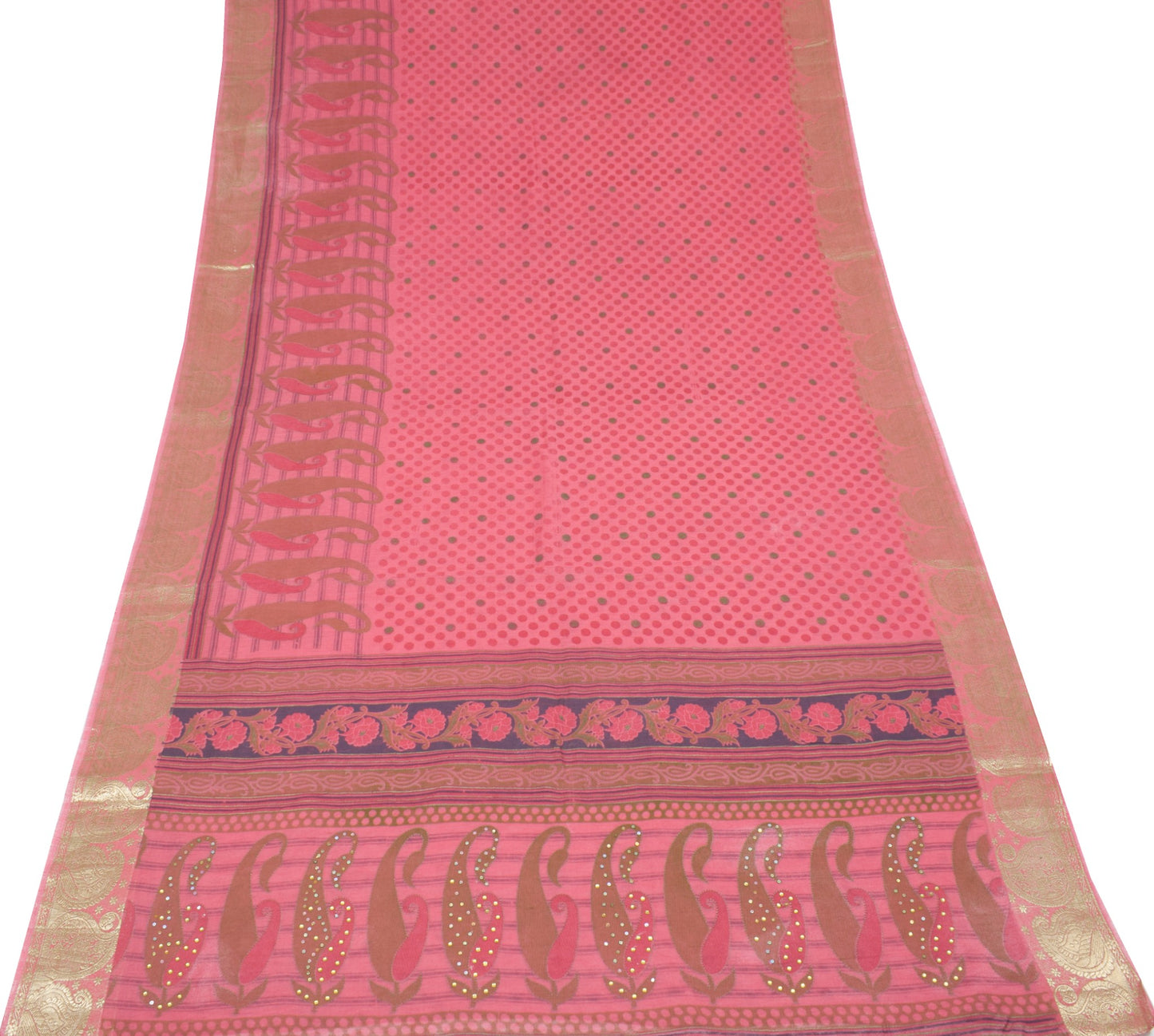 Sushila Vintage Dusty Rose Scrap Saree Pure Cotton Printed & Woven Sari Fabric