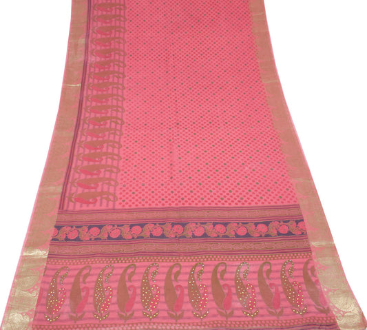 Sushila Vintage Dusty Rose Scrap Saree Pure Cotton Printed & Woven Sari Fabric
