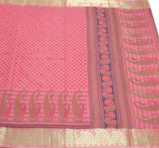 Sushila Vintage Dusty Rose Scrap Saree Pure Cotton Printed & Woven Sari Fabric