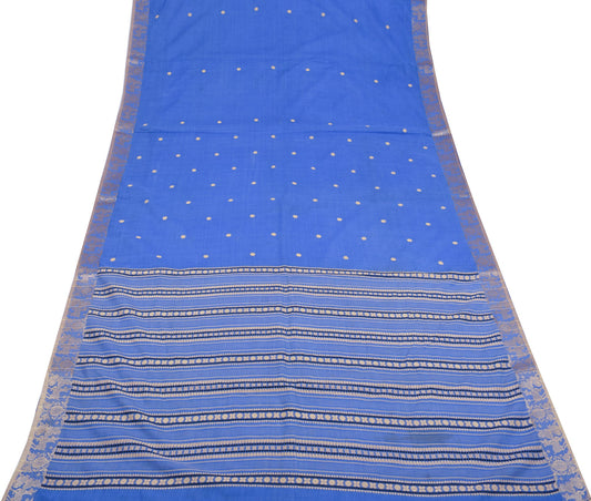 Sushila Vintage Dark Sky Blue Scrap Saree Pure Cotton Baluchari 5Yds Sari Fabric