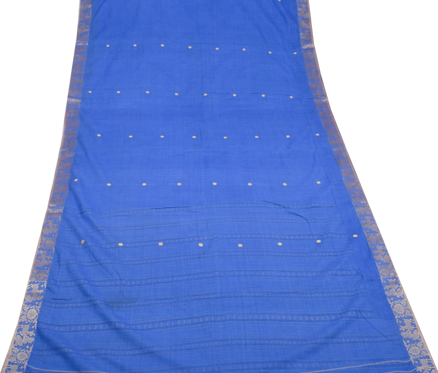 Sushila Vintage Dark Sky Blue Scrap Saree Pure Cotton Baluchari 5Yds Sari Fabric