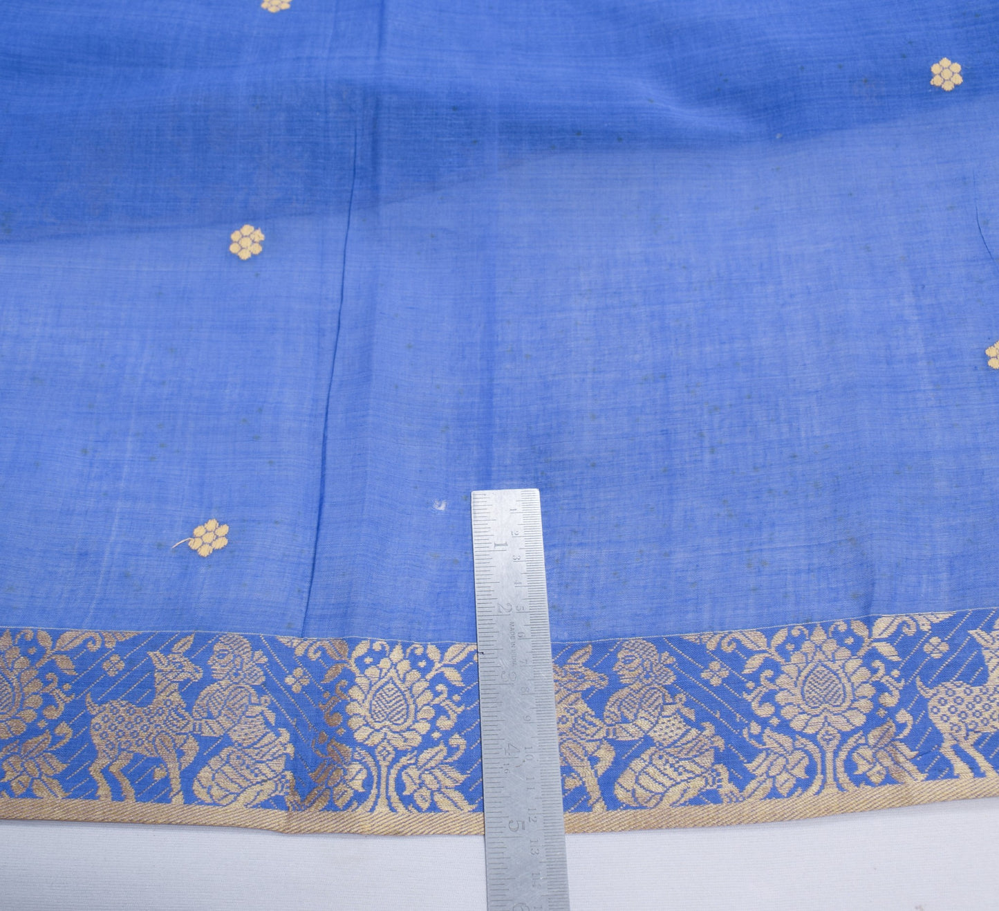 Sushila Vintage Dark Sky Blue Scrap Saree Pure Cotton Baluchari 5Yds Sari Fabric