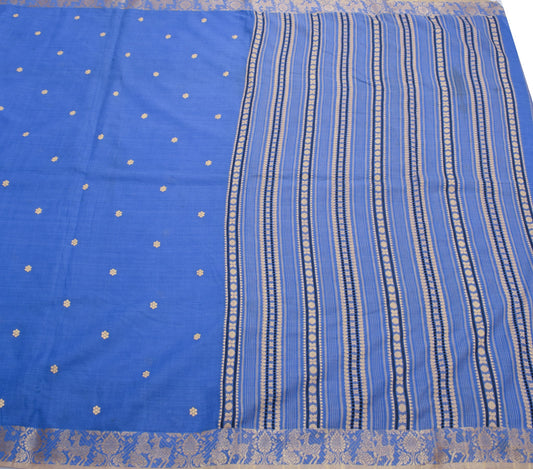 Sushila Vintage Dark Sky Blue Scrap Saree Pure Cotton Baluchari 5Yds Sari Fabric