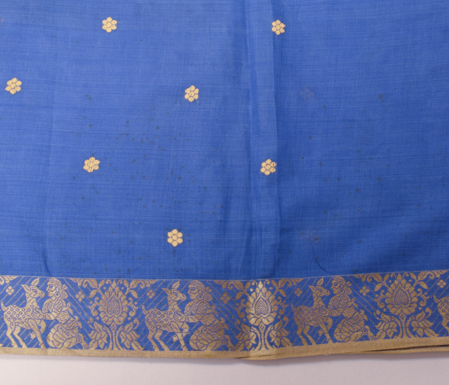 Sushila Vintage Dark Sky Blue Scrap Saree Pure Cotton Baluchari 5Yds Sari Fabric
