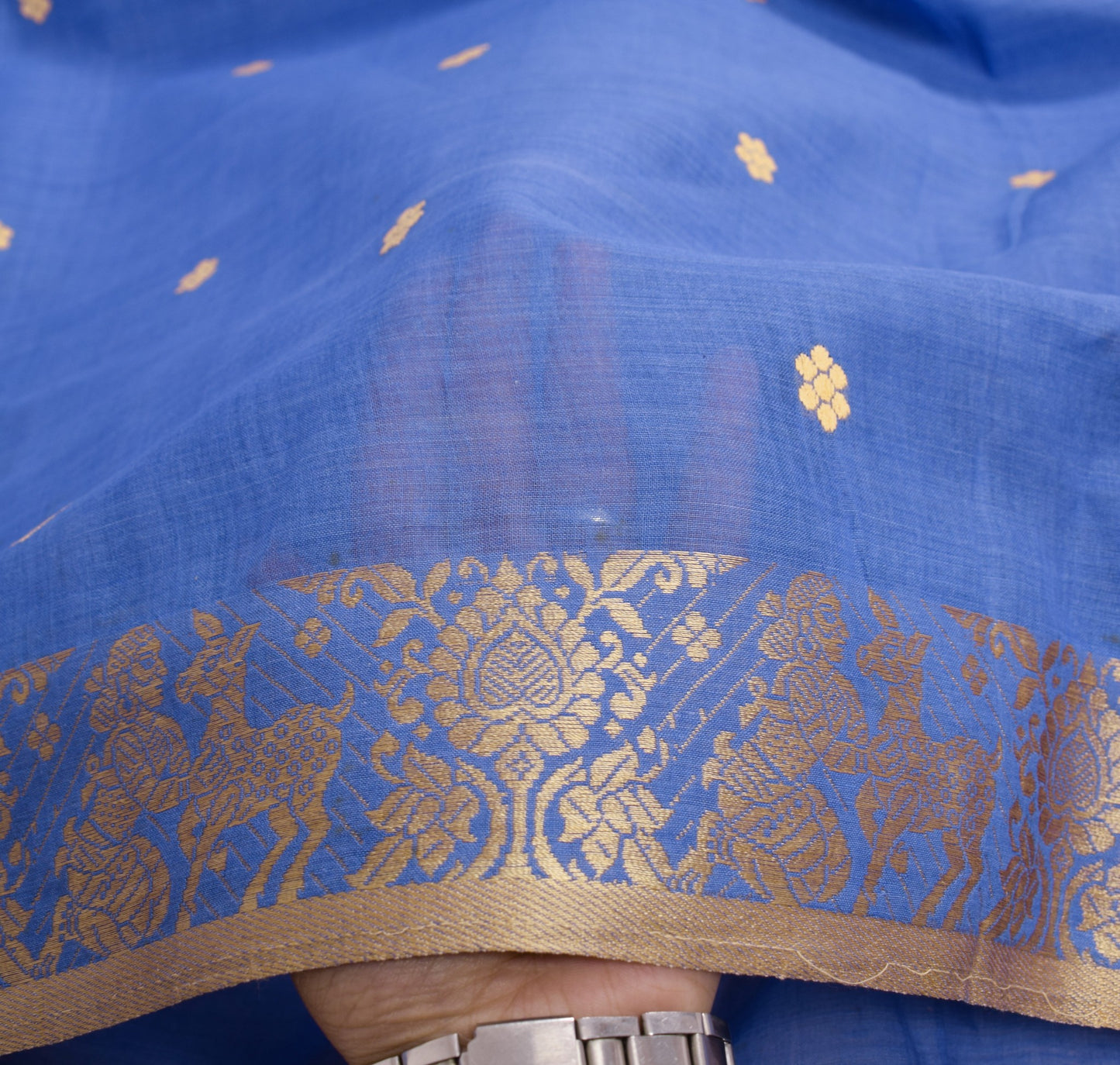 Sushila Vintage Dark Sky Blue Scrap Saree Pure Cotton Baluchari 5Yds Sari Fabric