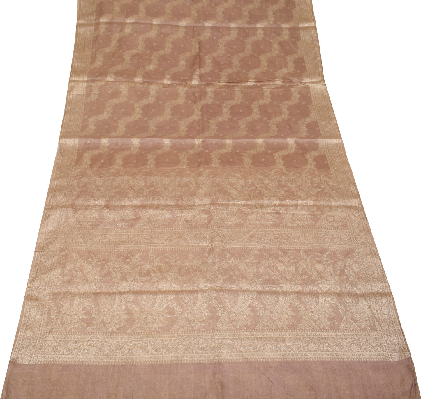 Sushila Vintage Nude Pink Scrap Saree Pure Tussar Silk Floral Woven Sari Fabric