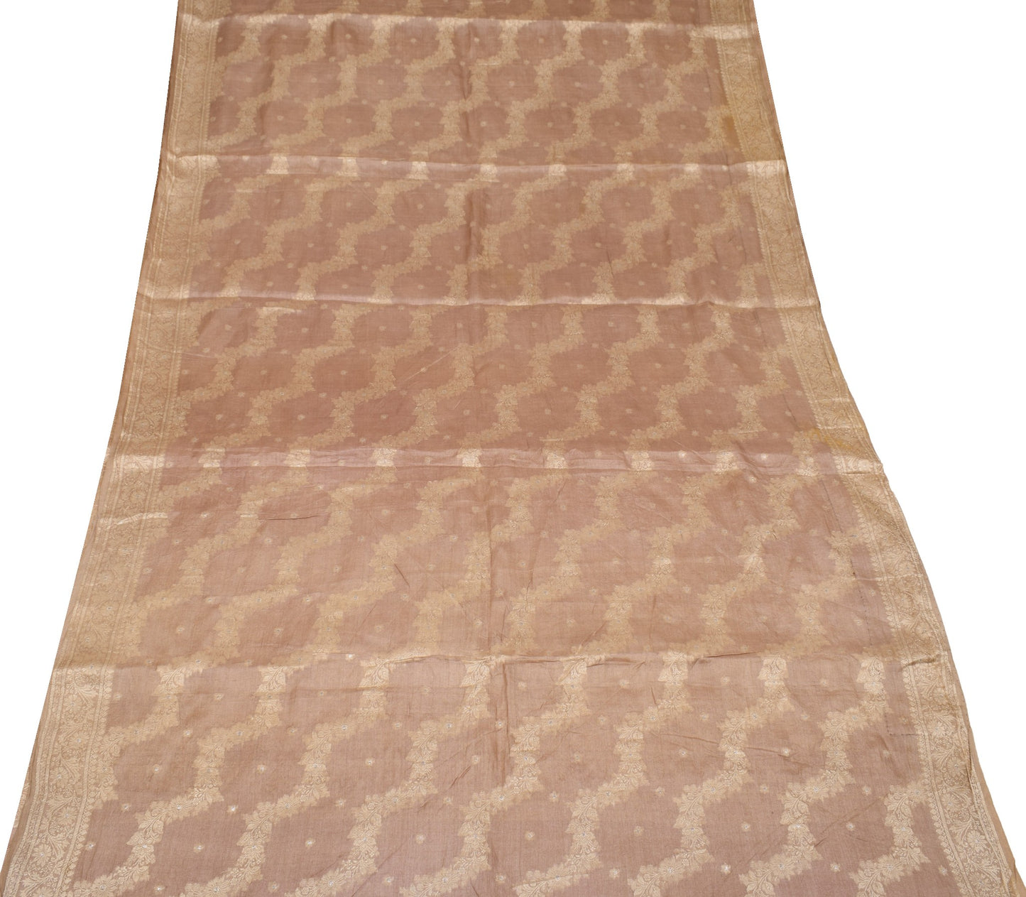 Sushila Vintage Nude Pink Scrap Saree Pure Tussar Silk Floral Woven Sari Fabric