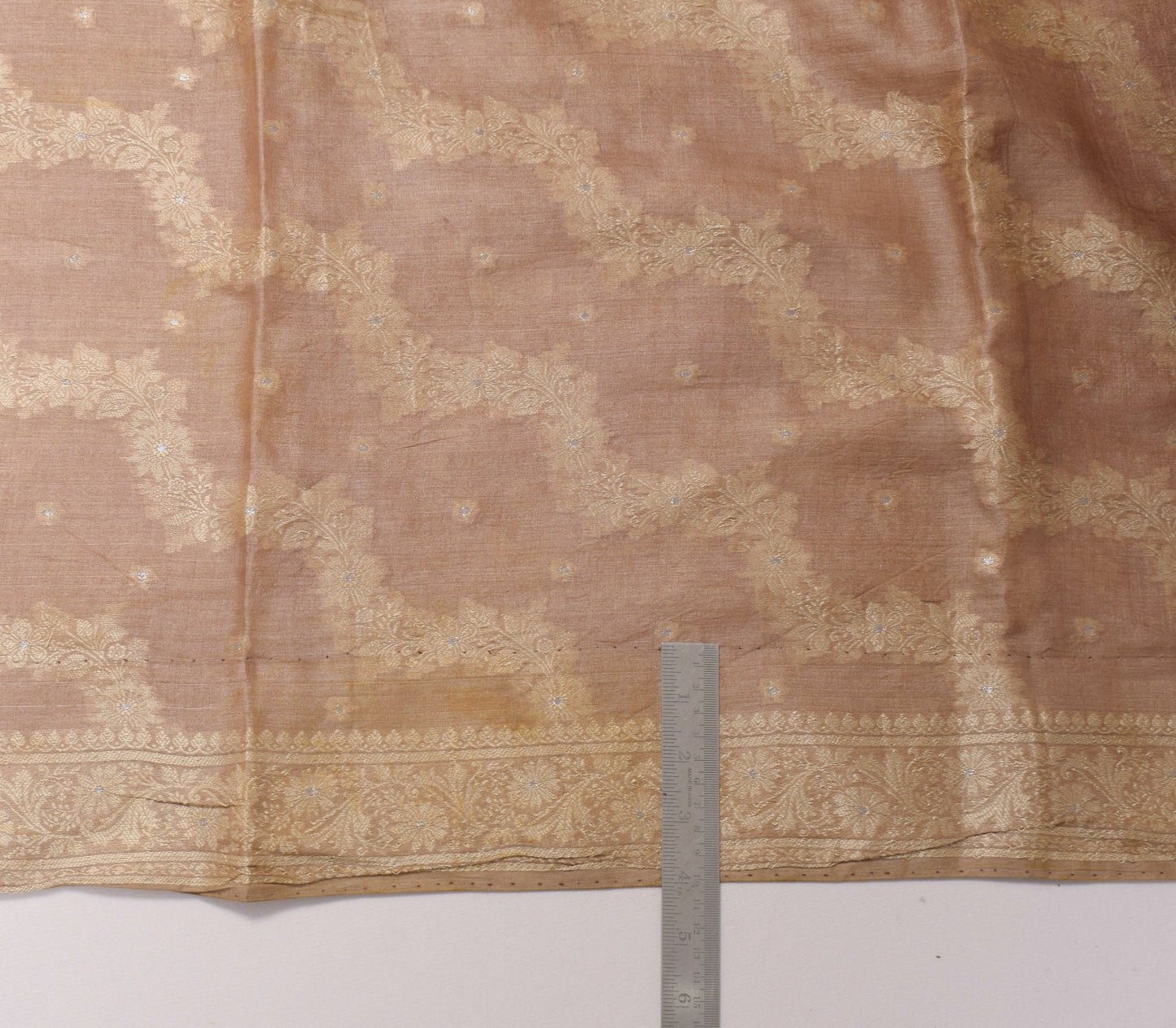 Sushila Vintage Nude Pink Scrap Saree Pure Tussar Silk Floral Woven Sari Fabric