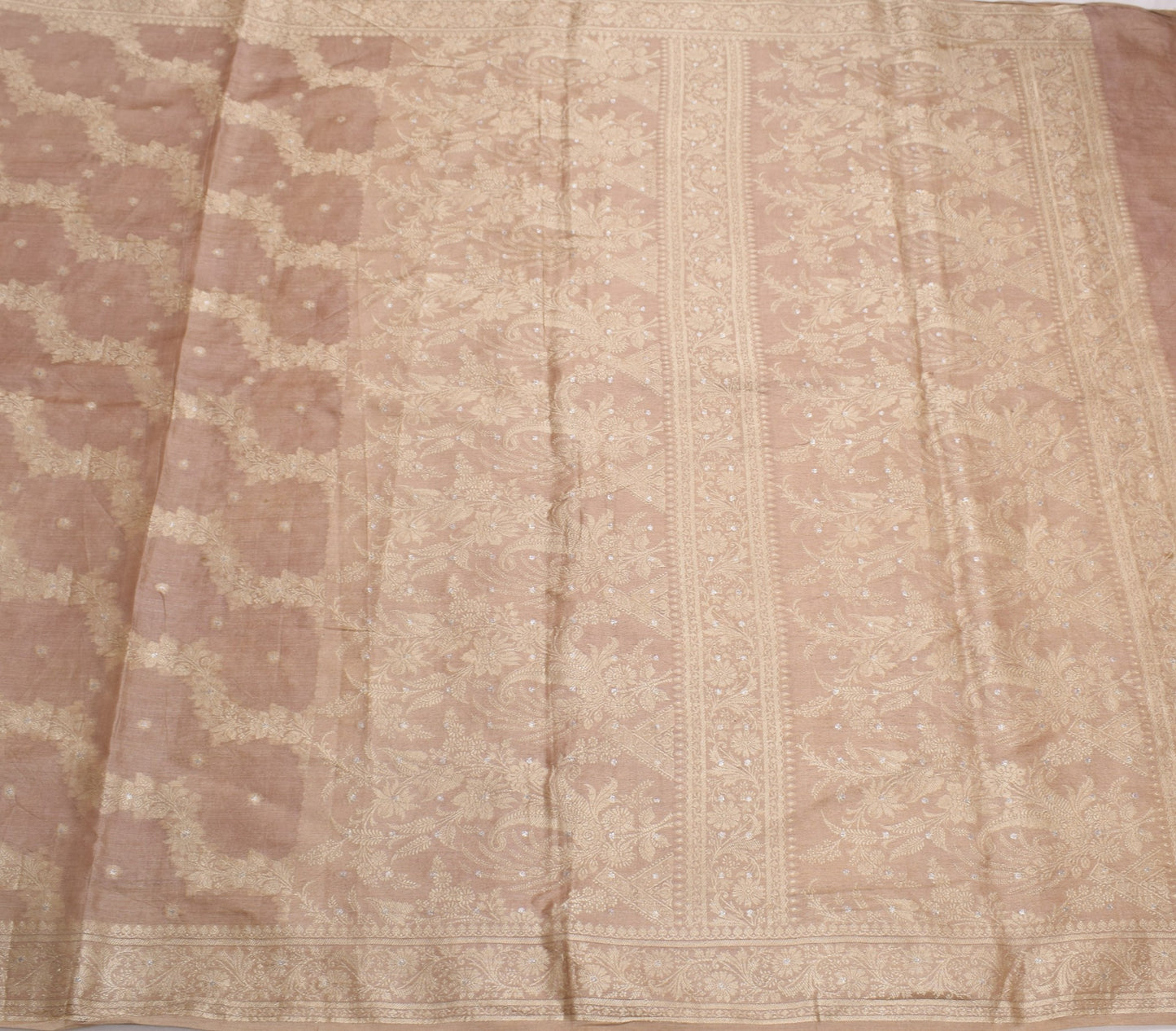 Sushila Vintage Nude Pink Scrap Saree Pure Tussar Silk Floral Woven Sari Fabric