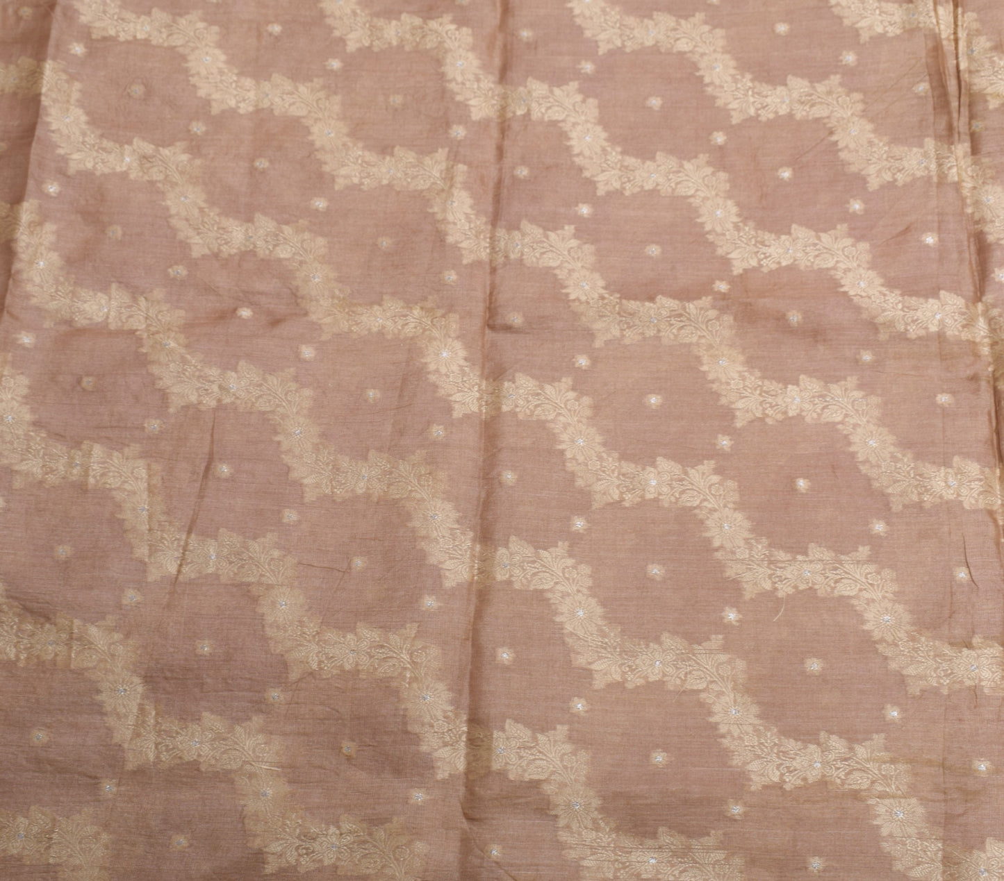 Sushila Vintage Nude Pink Scrap Saree Pure Tussar Silk Floral Woven Sari Fabric