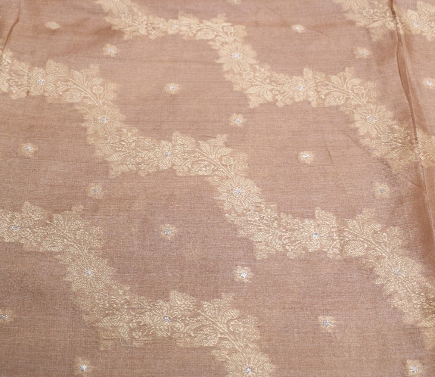 Sushila Vintage Nude Pink Scrap Saree Pure Tussar Silk Floral Woven Sari Fabric