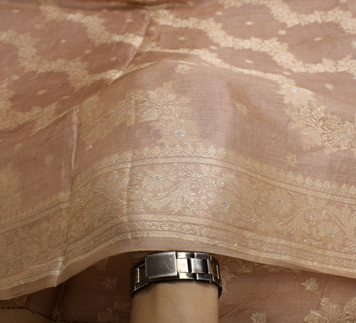 Sushila Vintage Nude Pink Scrap Saree Pure Tussar Silk Floral Woven Sari Fabric