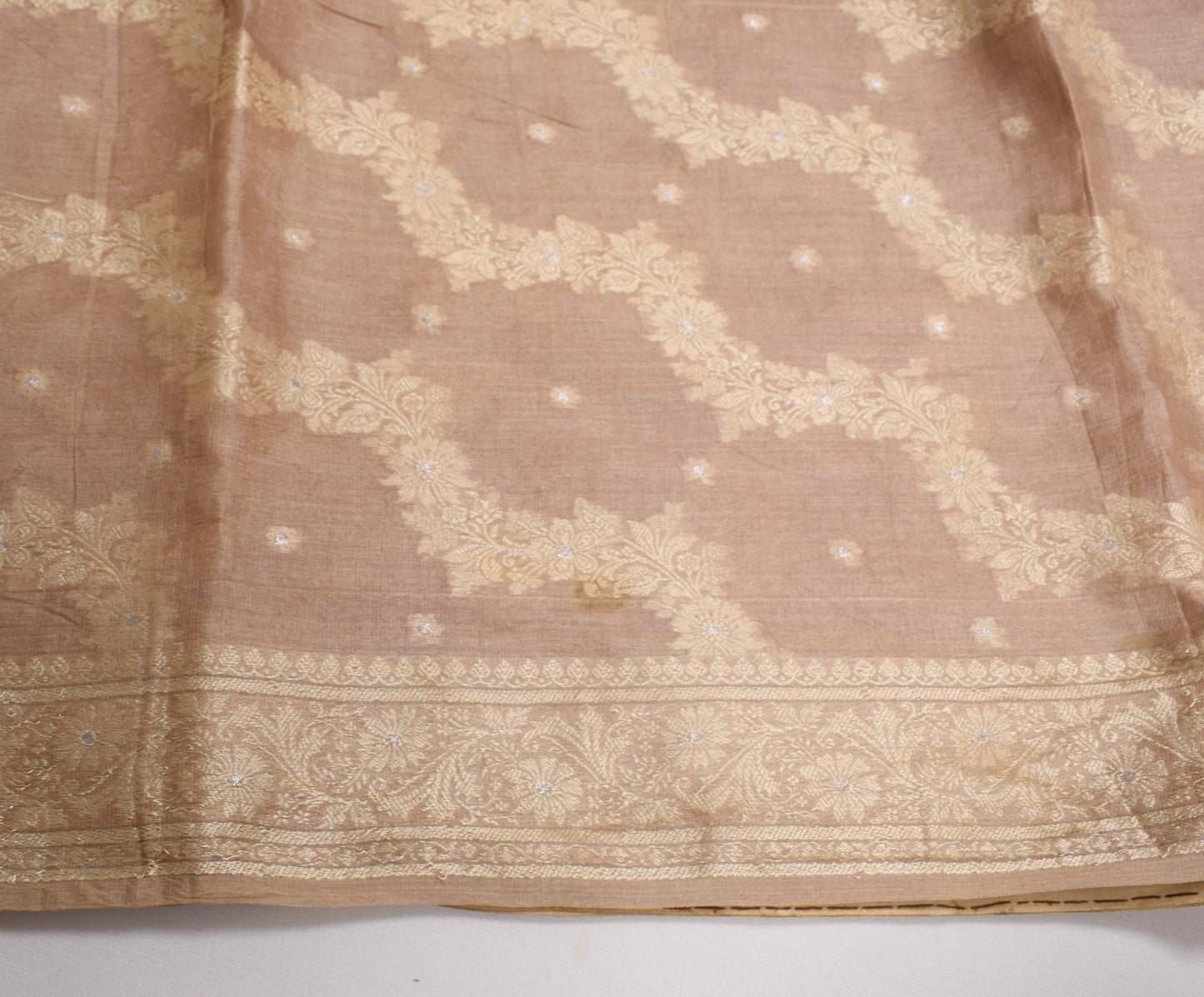 Sushila Vintage Nude Pink Scrap Saree Pure Tussar Silk Floral Woven Sari Fabric