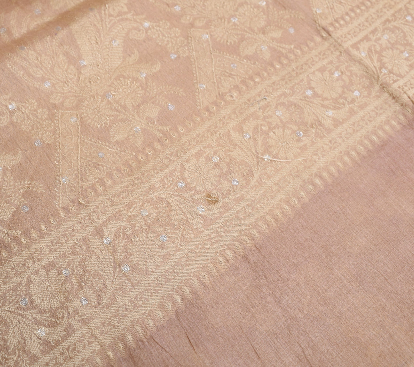 Sushila Vintage Nude Pink Scrap Saree Pure Tussar Silk Floral Woven Sari Fabric