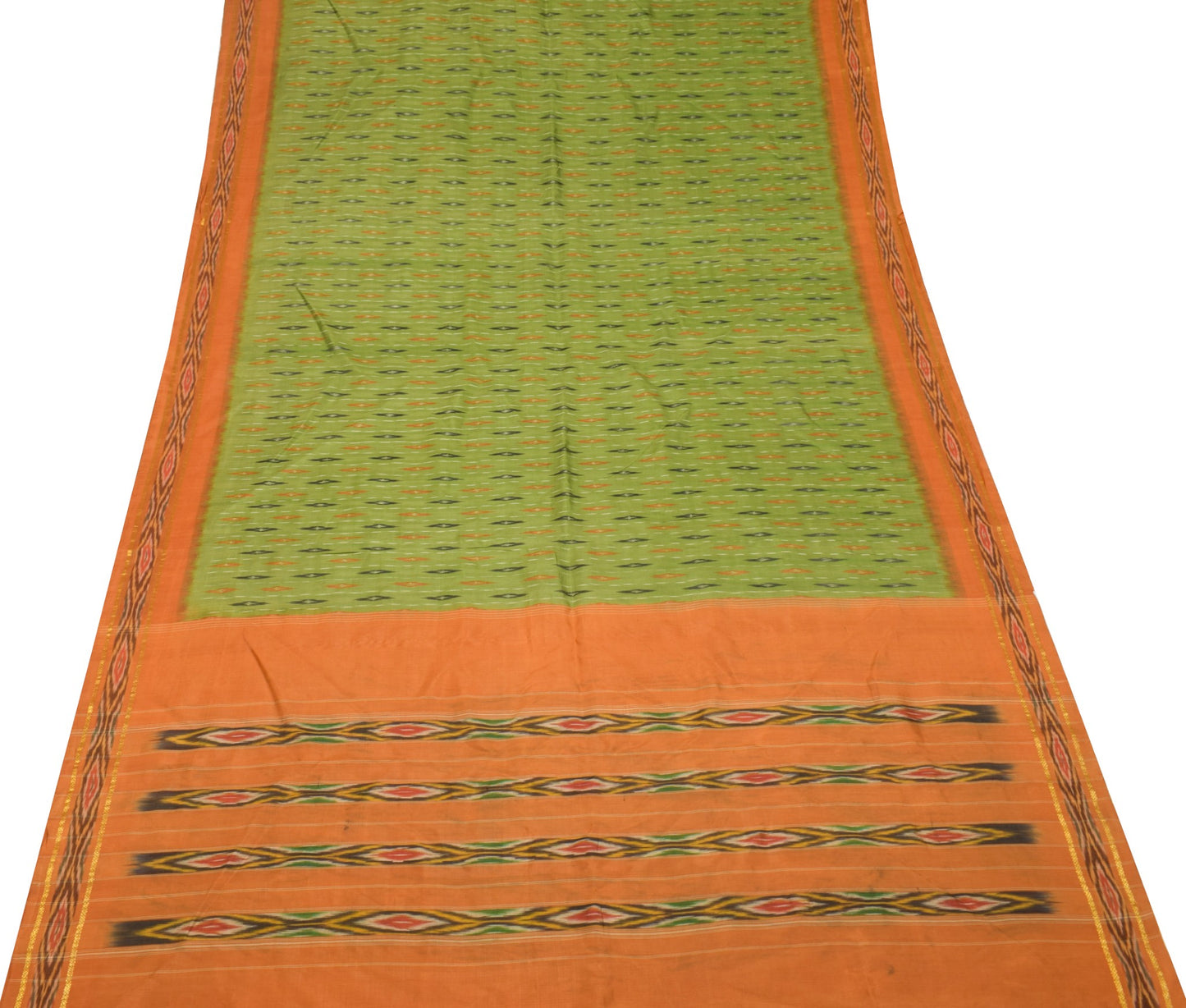 Sushila Vintage Green Scrap Saree Ikat Patola Pure Silk Hand Woven Sari Fabric