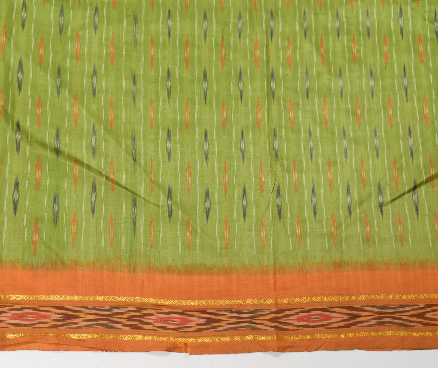 Sushila Vintage Green Scrap Saree Ikat Patola Pure Silk Hand Woven Sari Fabric