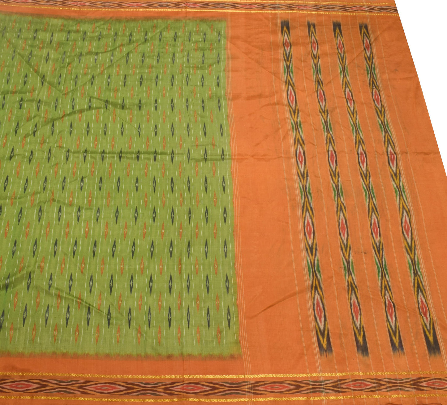 Sushila Vintage Green Scrap Saree Ikat Patola Pure Silk Hand Woven Sari Fabric