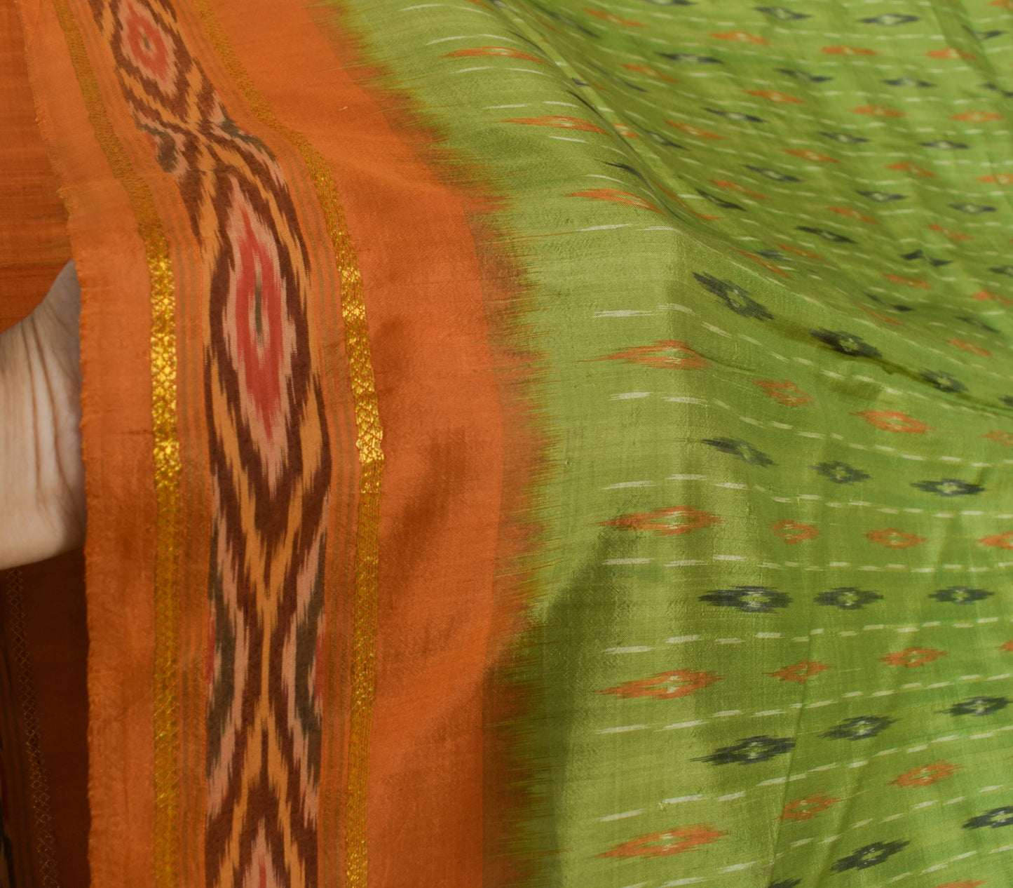 Sushila Vintage Green Scrap Saree Ikat Patola Pure Silk Hand Woven Sari Fabric