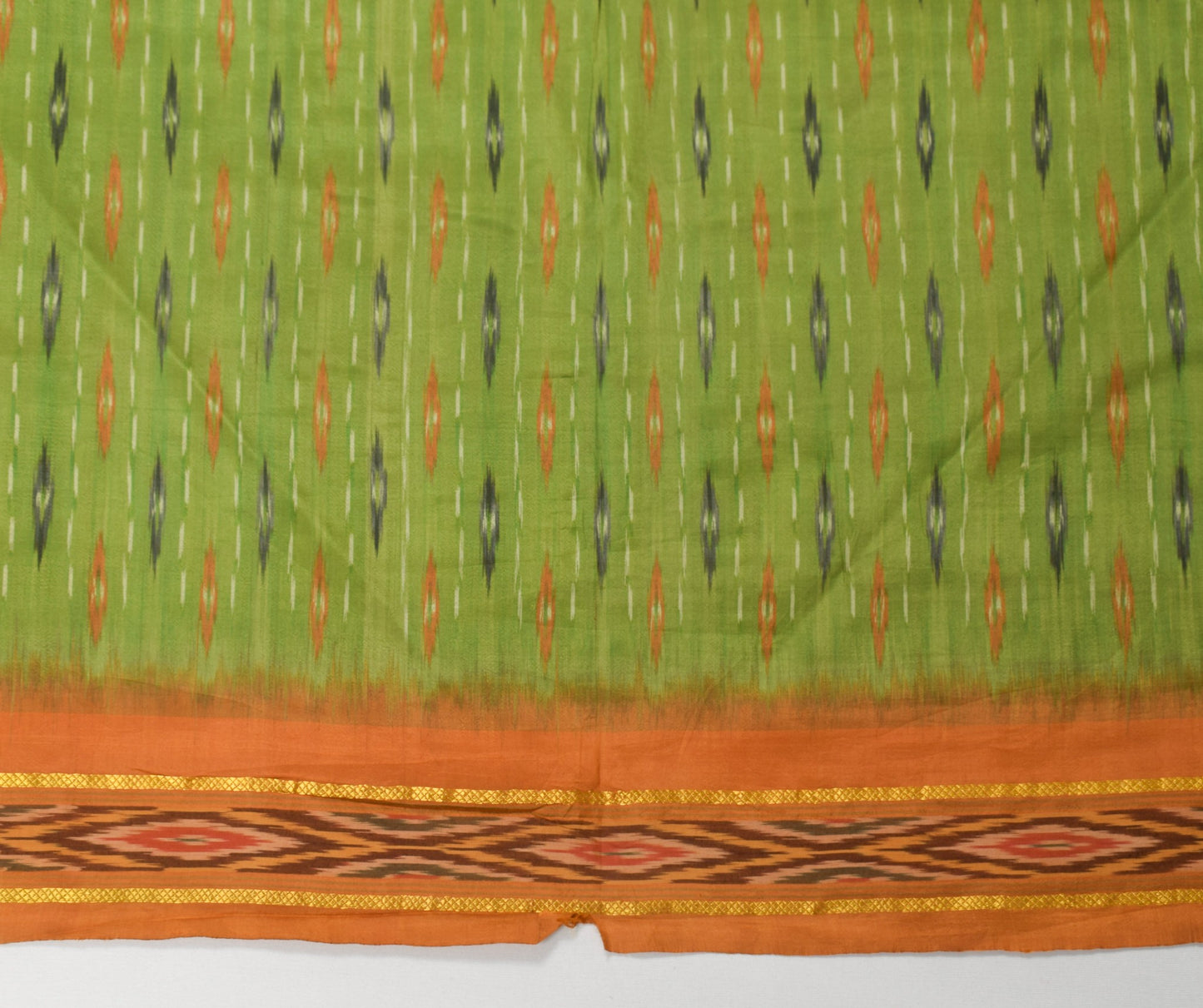 Sushila Vintage Green Scrap Saree Ikat Patola Pure Silk Hand Woven Sari Fabric