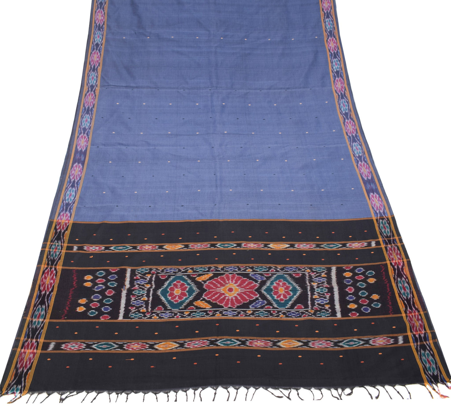 Sushila Vintage Blue Scrap Saree Pure Cotton Silk Hand Woven Ikat Sari Fabric
