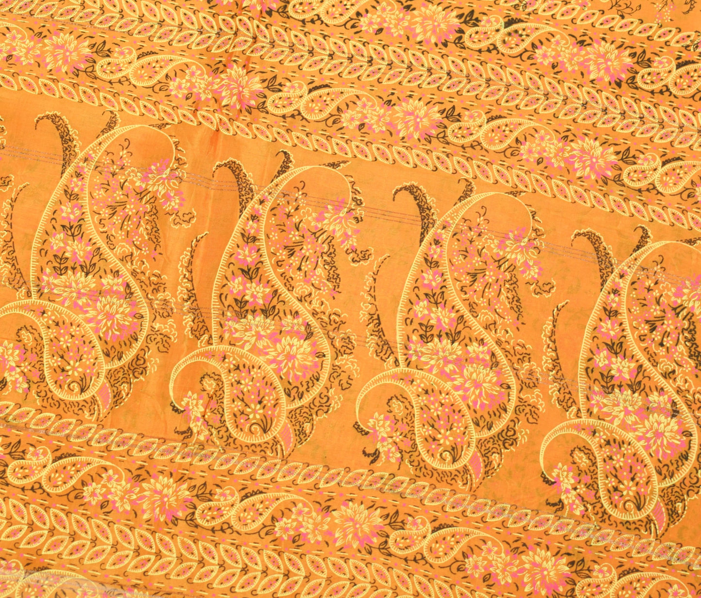 Sushila Vintage Mustard Scrap Saree Pure Mulberry Silk Printed Woven Sari Fabric