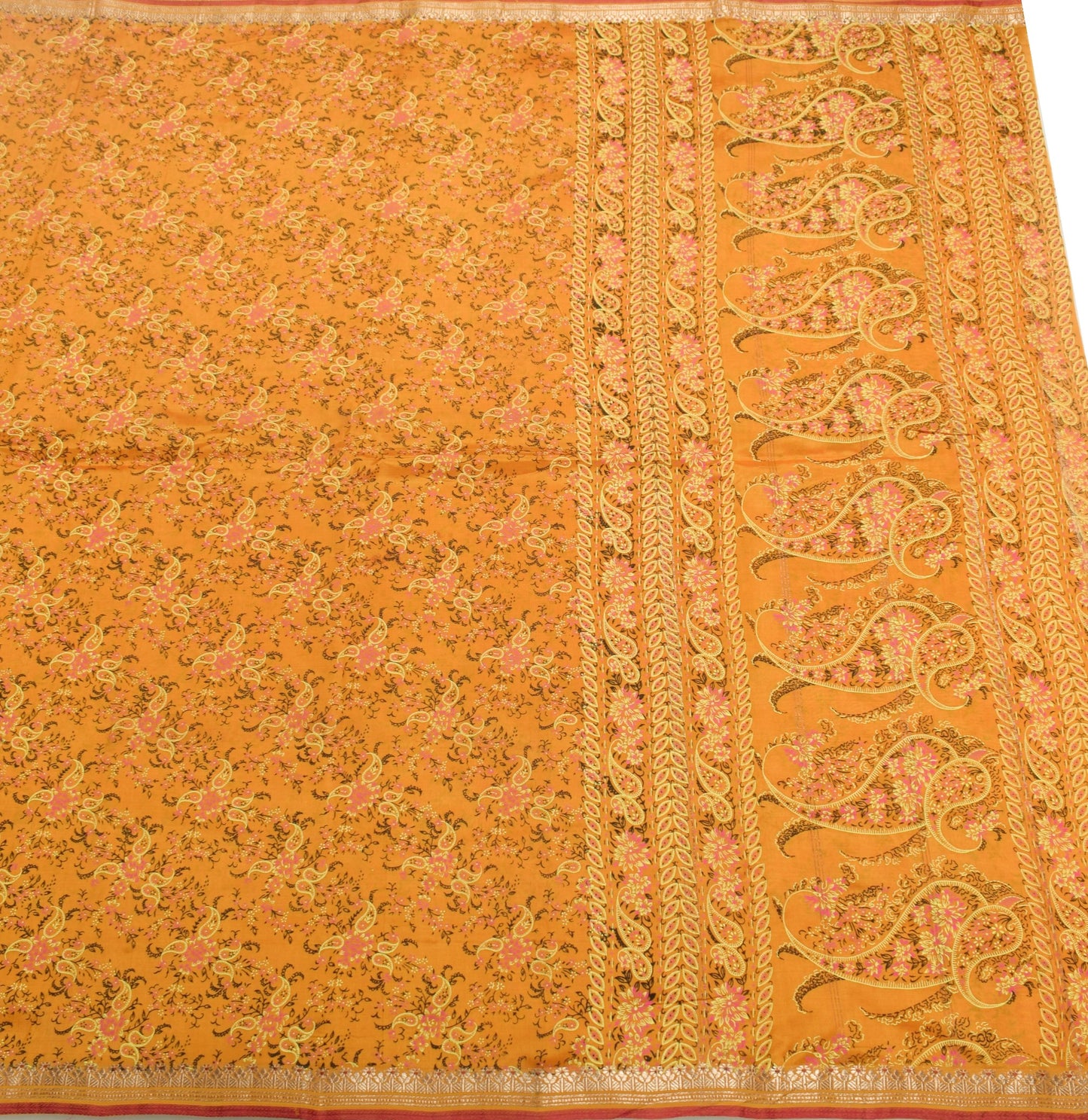 Sushila Vintage Mustard Scrap Saree Pure Mulberry Silk Printed Woven Sari Fabric
