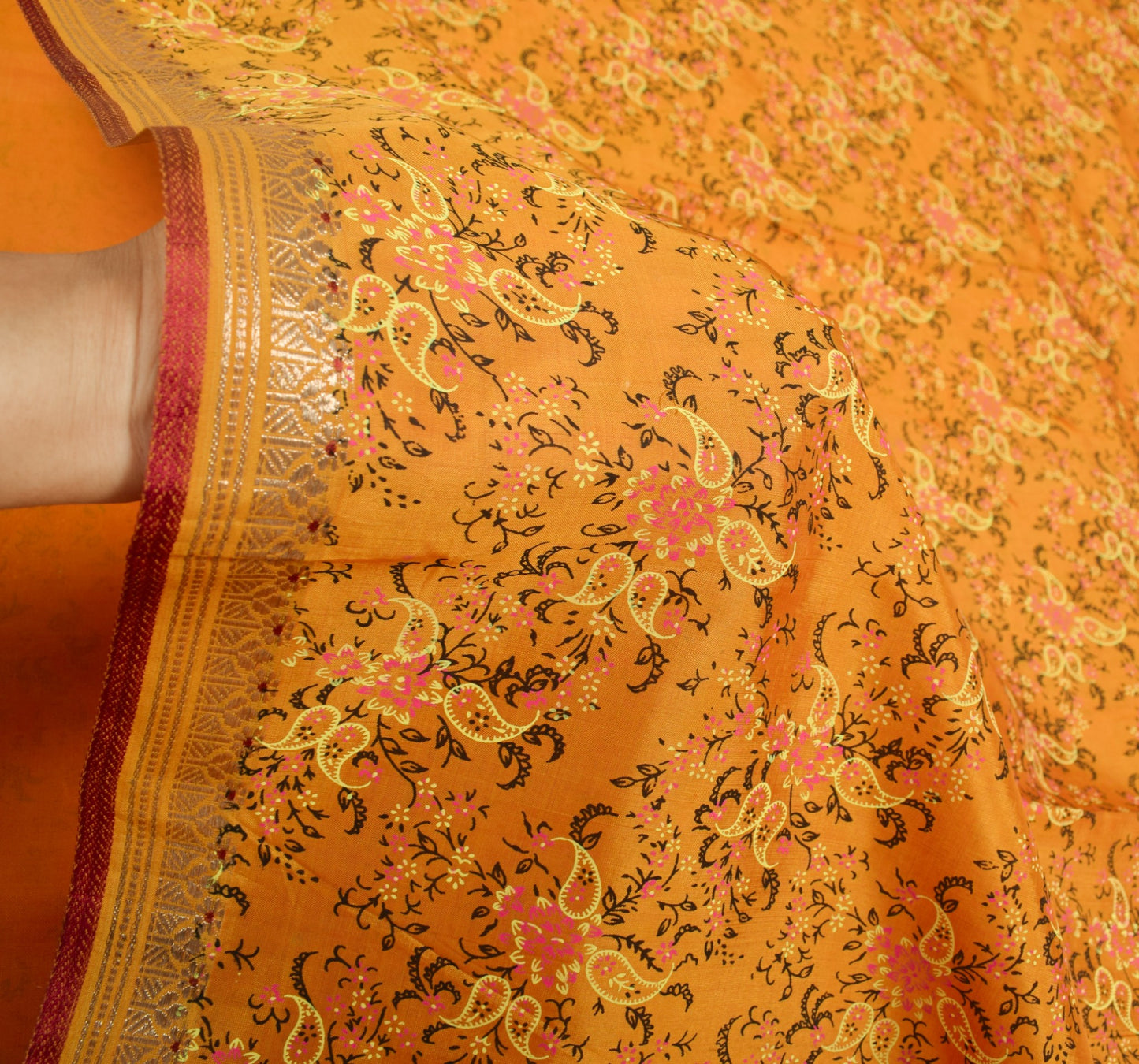 Sushila Vintage Mustard Scrap Saree Pure Mulberry Silk Printed Woven Sari Fabric