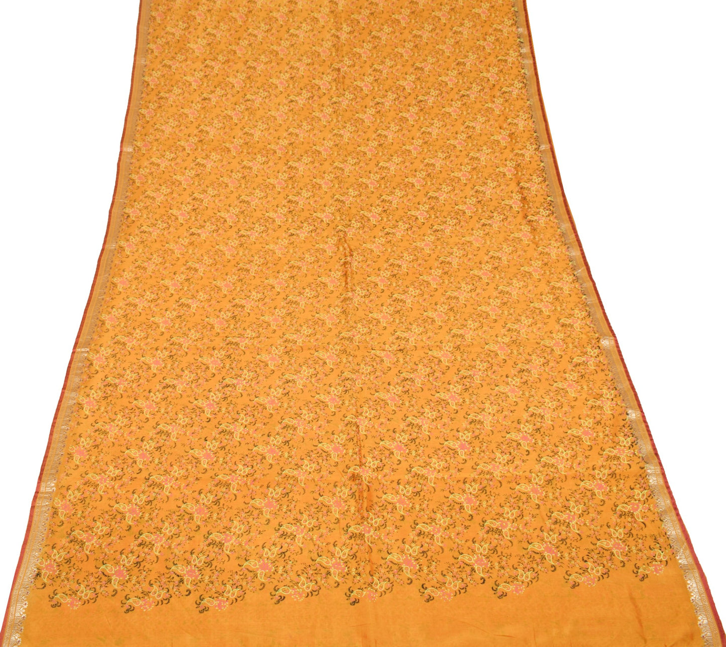 Sushila Vintage Mustard Scrap Saree Pure Mulberry Silk Printed Woven Sari Fabric