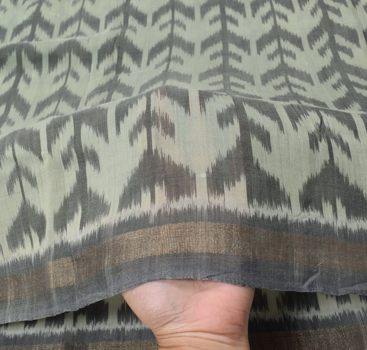 Sushila Vintage Green Black Scrap Saree Hand Woven Ikat Cotton Silk Sari Fabric