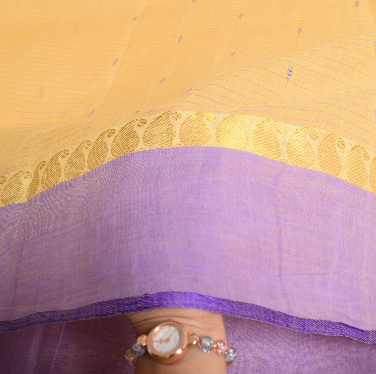 Sushila Vintage Yellow Scrap Saree 100%Pure Cotton Bengal Tant Woven Sari Fabric