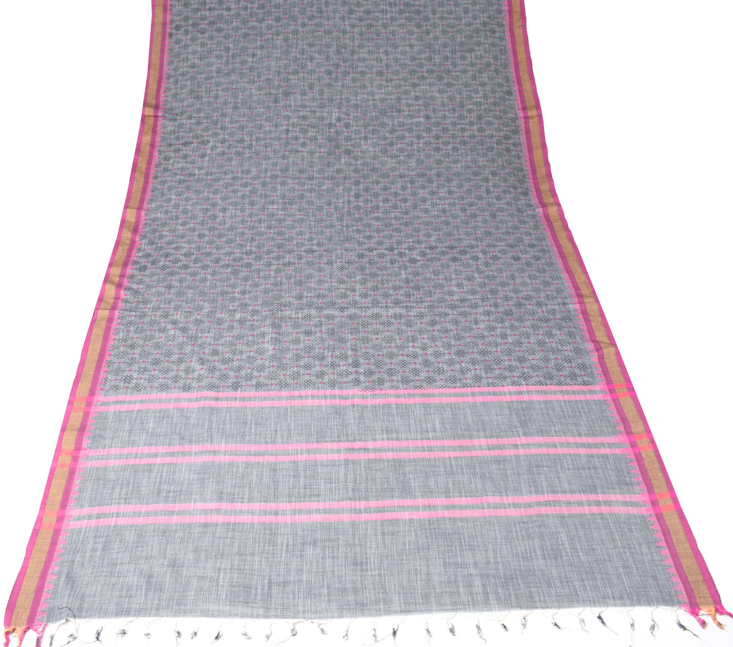 Sushila Vintage Gray Scrap Saree Printed & Woven Pure Cotton 6 Yards Sari Fabric