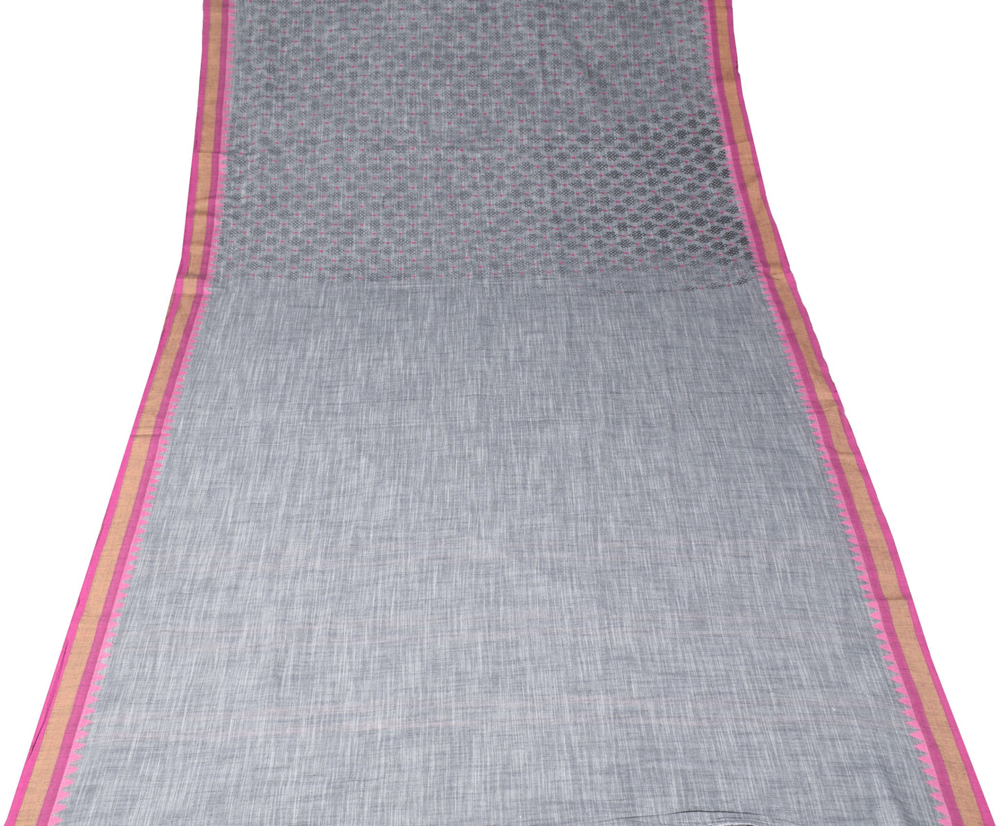 Sushila Vintage Gray Scrap Saree Printed & Woven Pure Cotton 6 Yards Sari Fabric