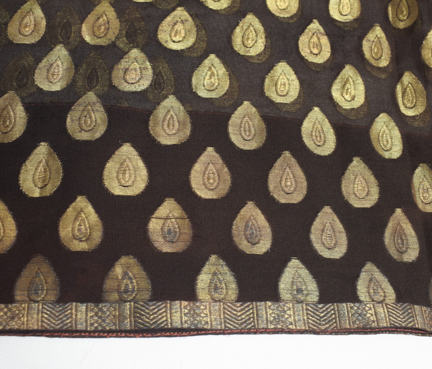 Sushila Vintage Dark Brown Scrap Saree Woven Pure Georgette Silk 5YD Sari Fabric