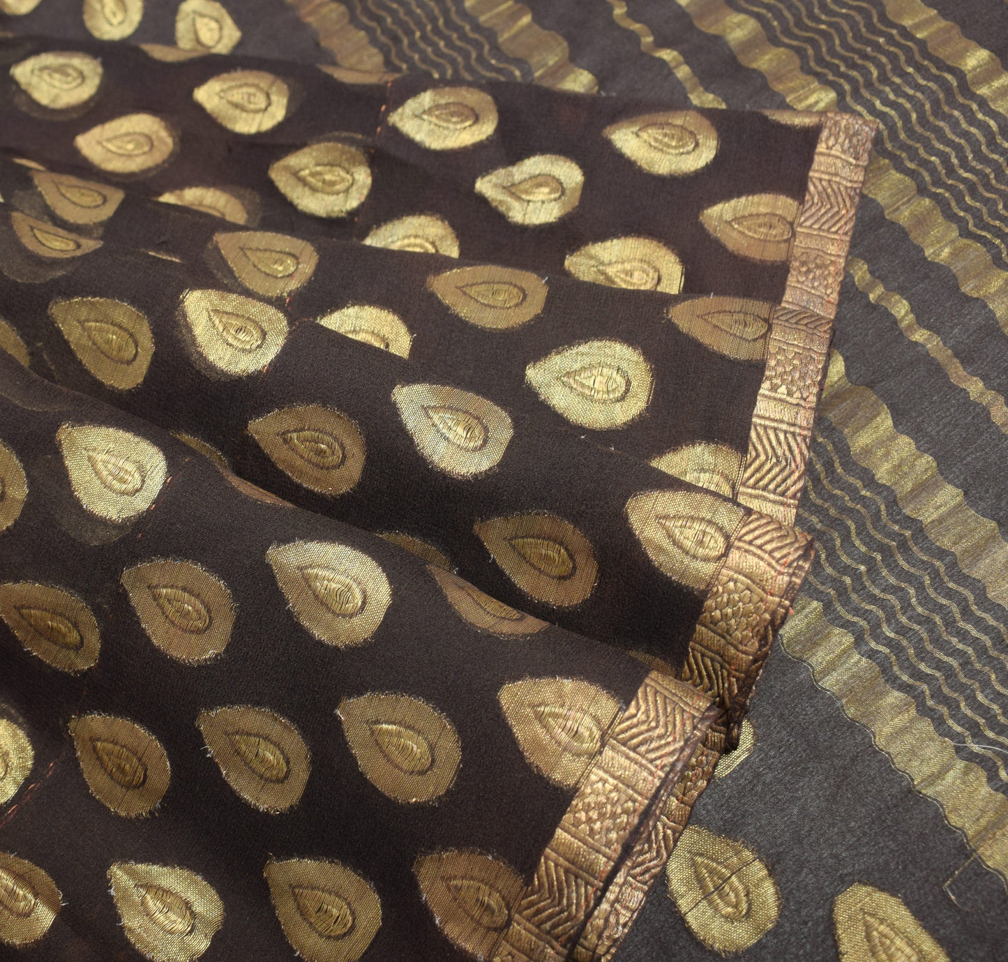 Sushila Vintage Dark Brown Scrap Saree Woven Pure Georgette Silk 5YD Sari Fabric