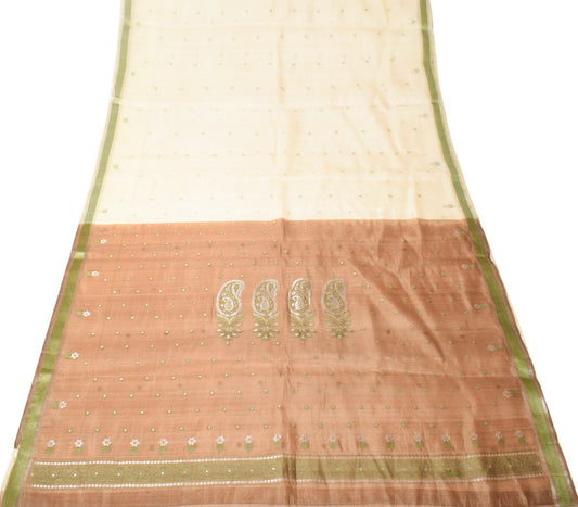 Sushila Vintage Beige Scrap Saree Hand Woven Floral Pure Silk Sari Craft Fabric