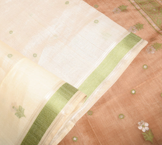 Sushila Vintage Beige Scrap Saree Hand Woven Floral Pure Silk Sari Craft Fabric